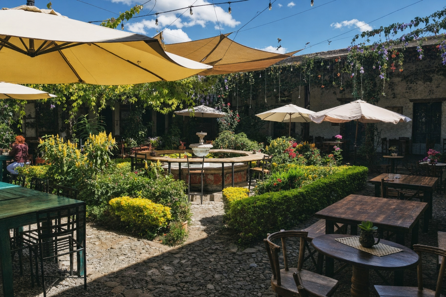 Open-air courtyard café in Antigua with fountain garden, umbrella tables and string lights