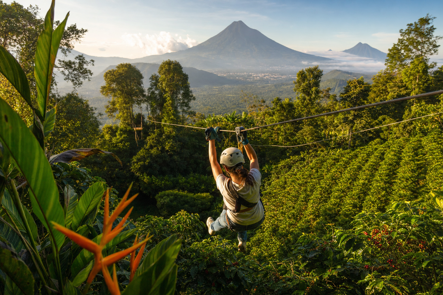 Zip-line canopy tour over Filadelfia coffee plantation with volcano backdrop