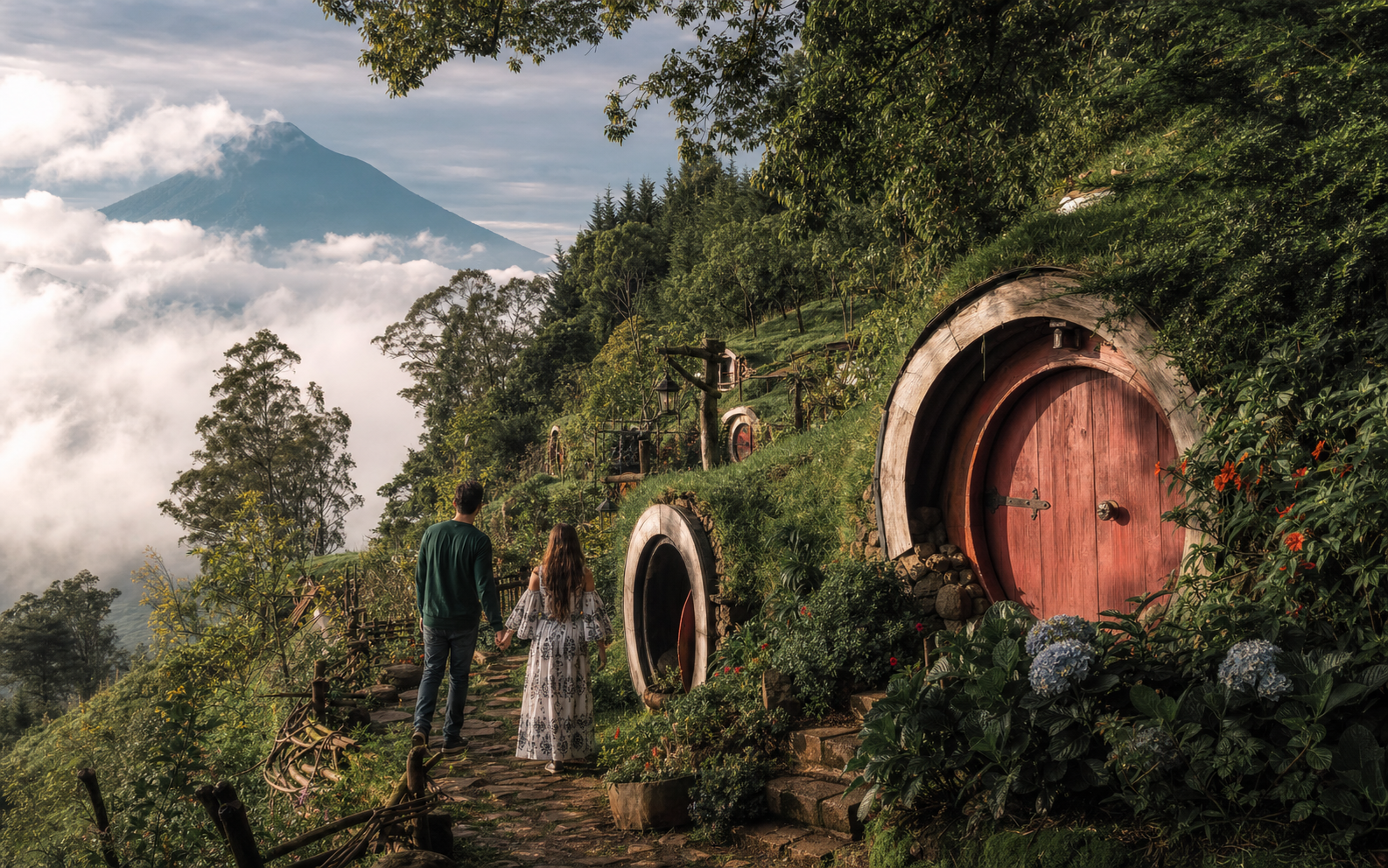 Couple at Hobbitenango hobbit doors in the misty mountains above Antigua