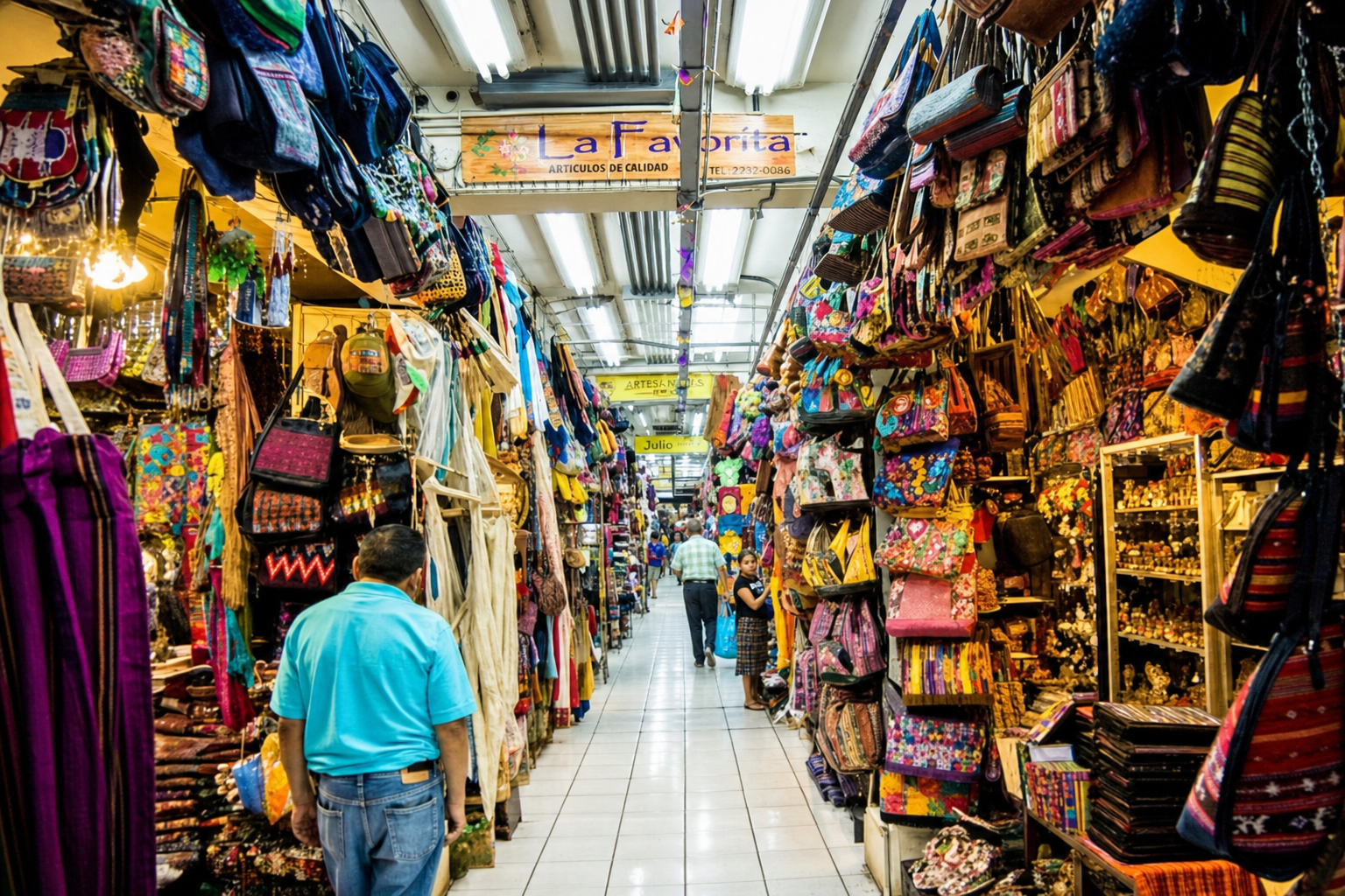 El Mercado Central Antigua market aisle lined with colorful textiles and handicrafts