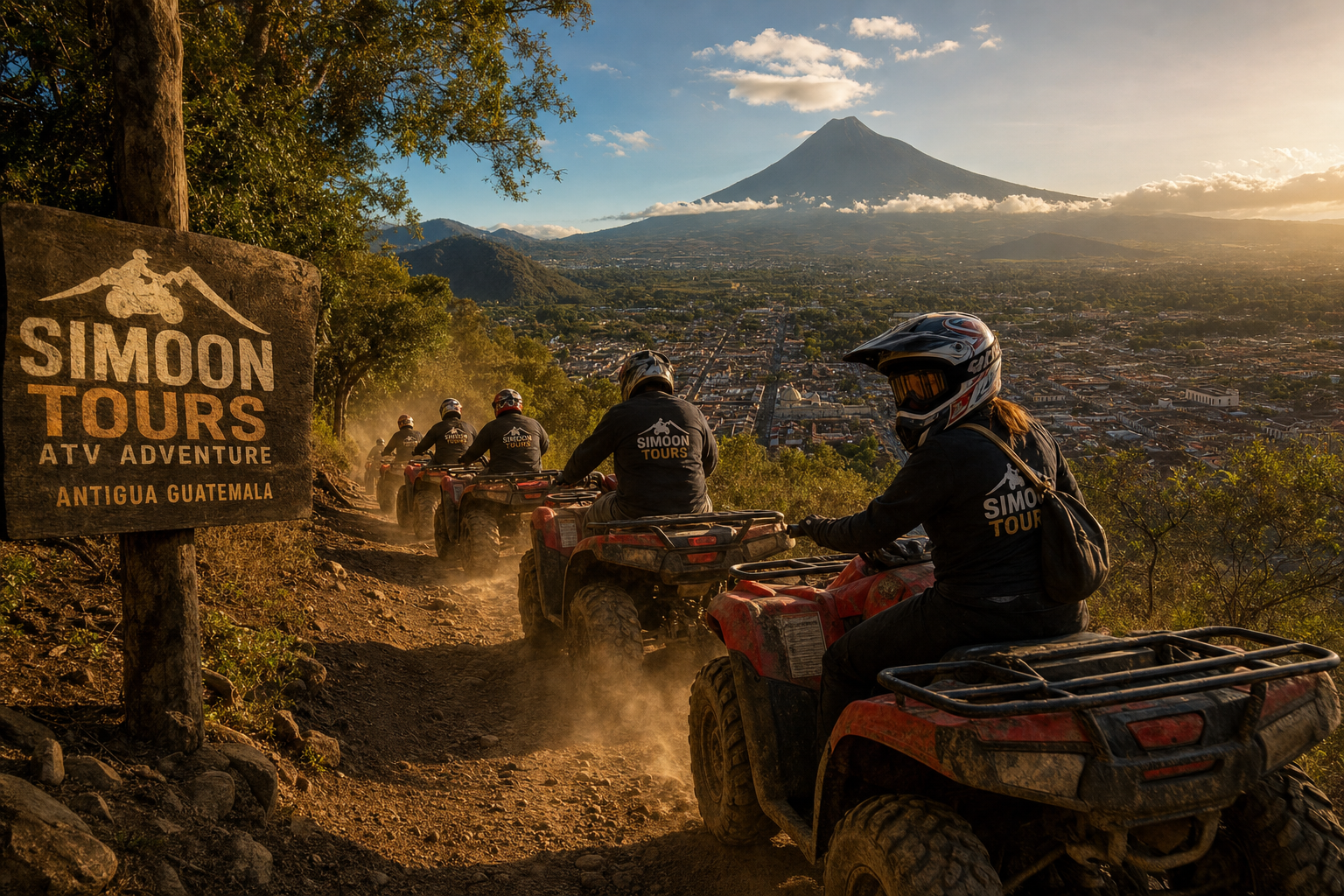 ATV riders on mountain trail above Antigua with Agua volcano behind