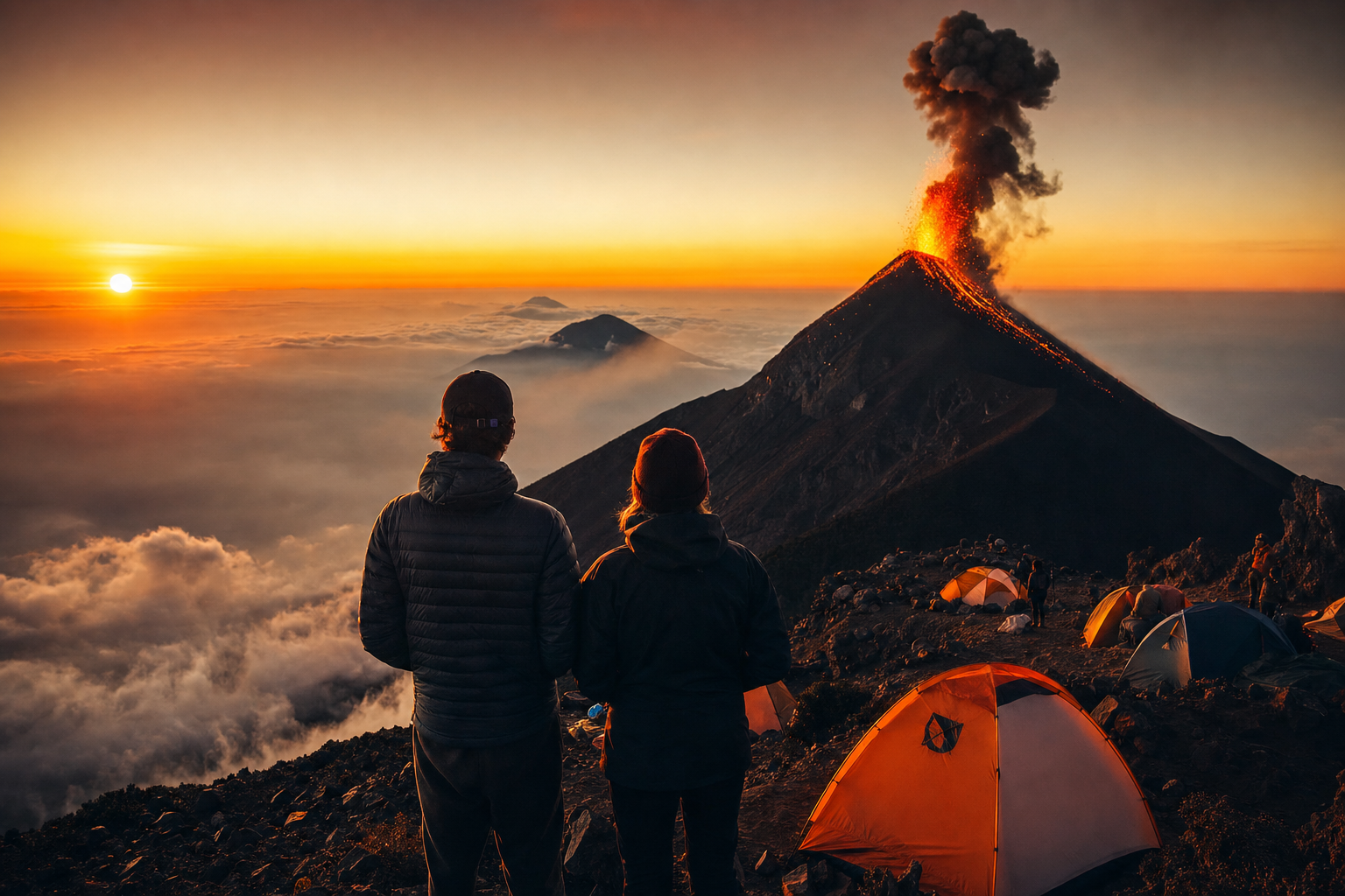 Hikers watching Fuego volcano erupt at sunrise from Acatenango summit