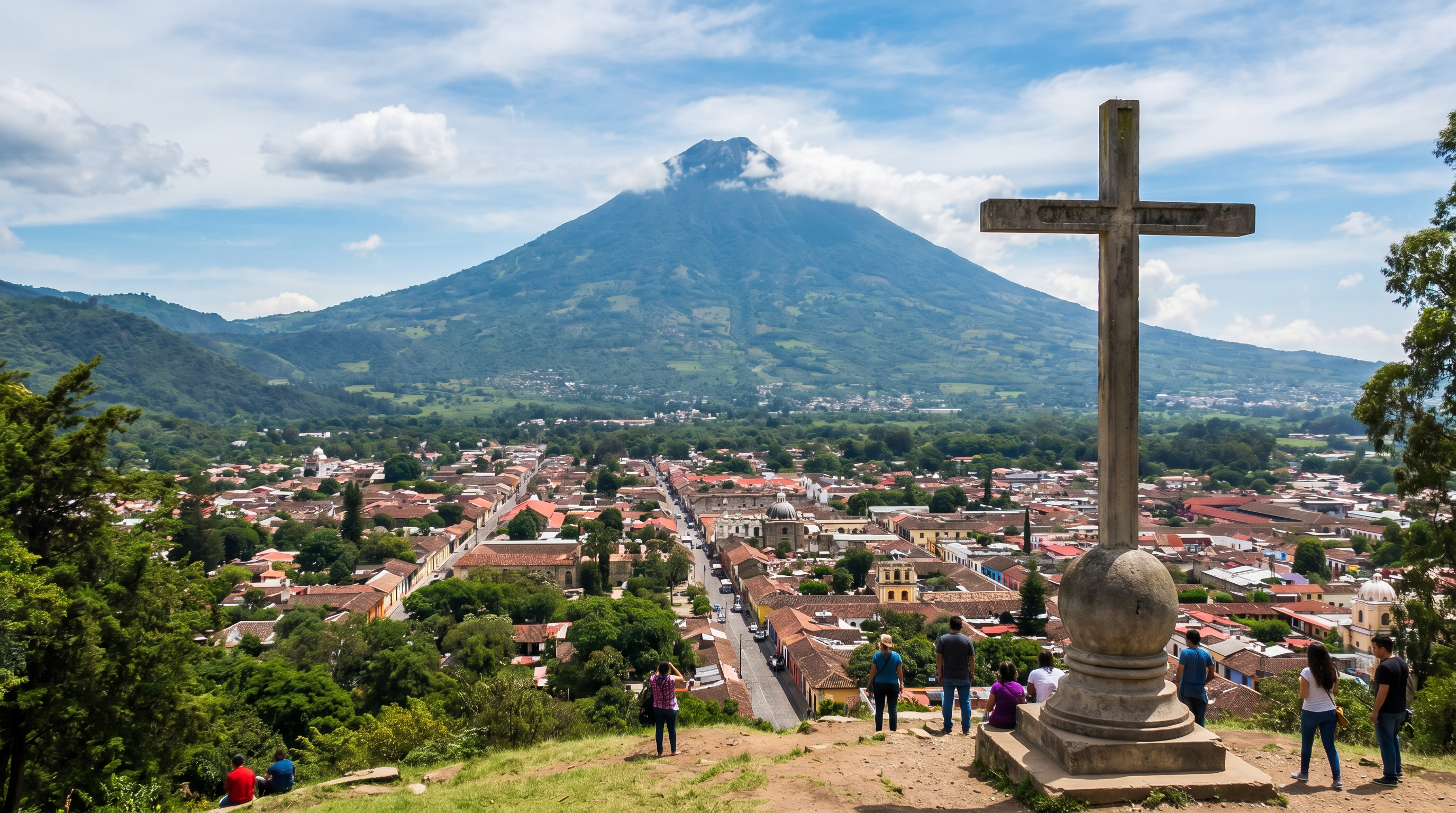 Cerro de la Cruz panoramic view over Antigua with Agua volcano