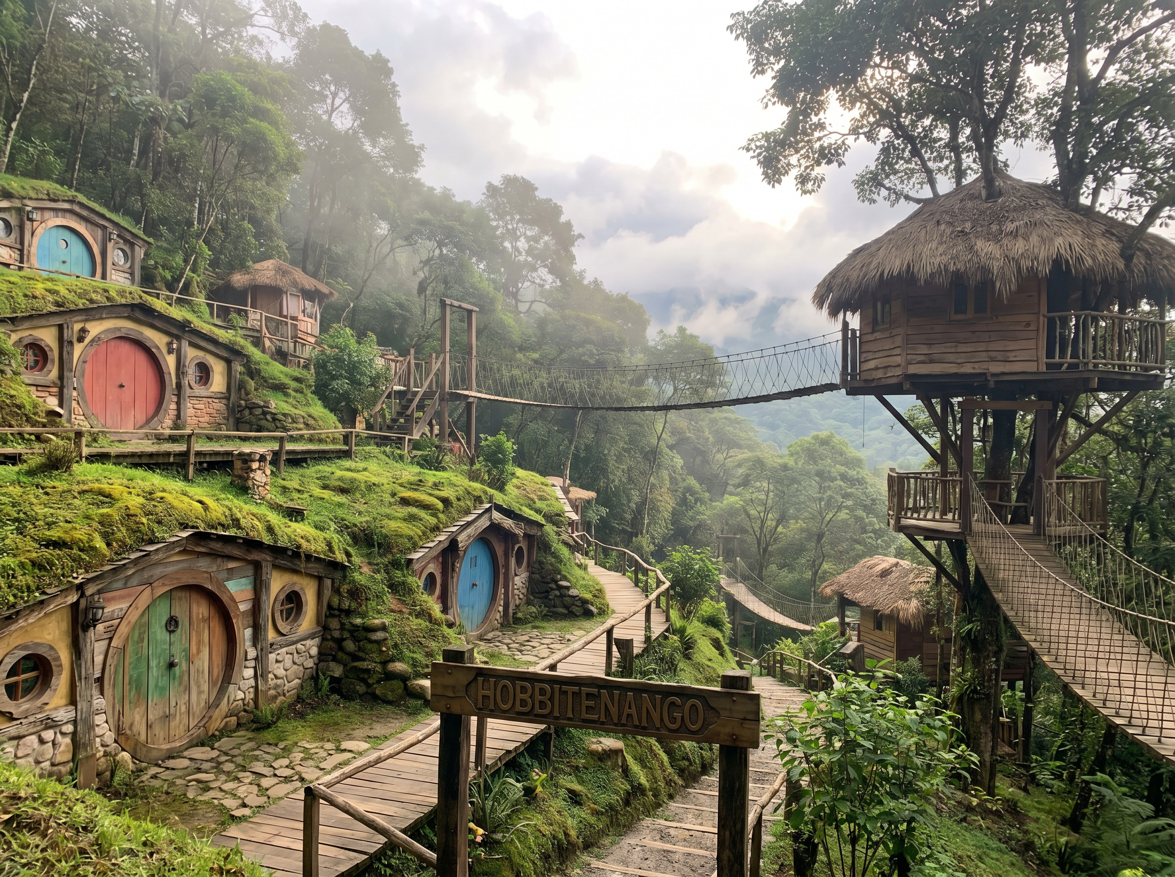 Hobbitenango hobbit doors on misty hillside