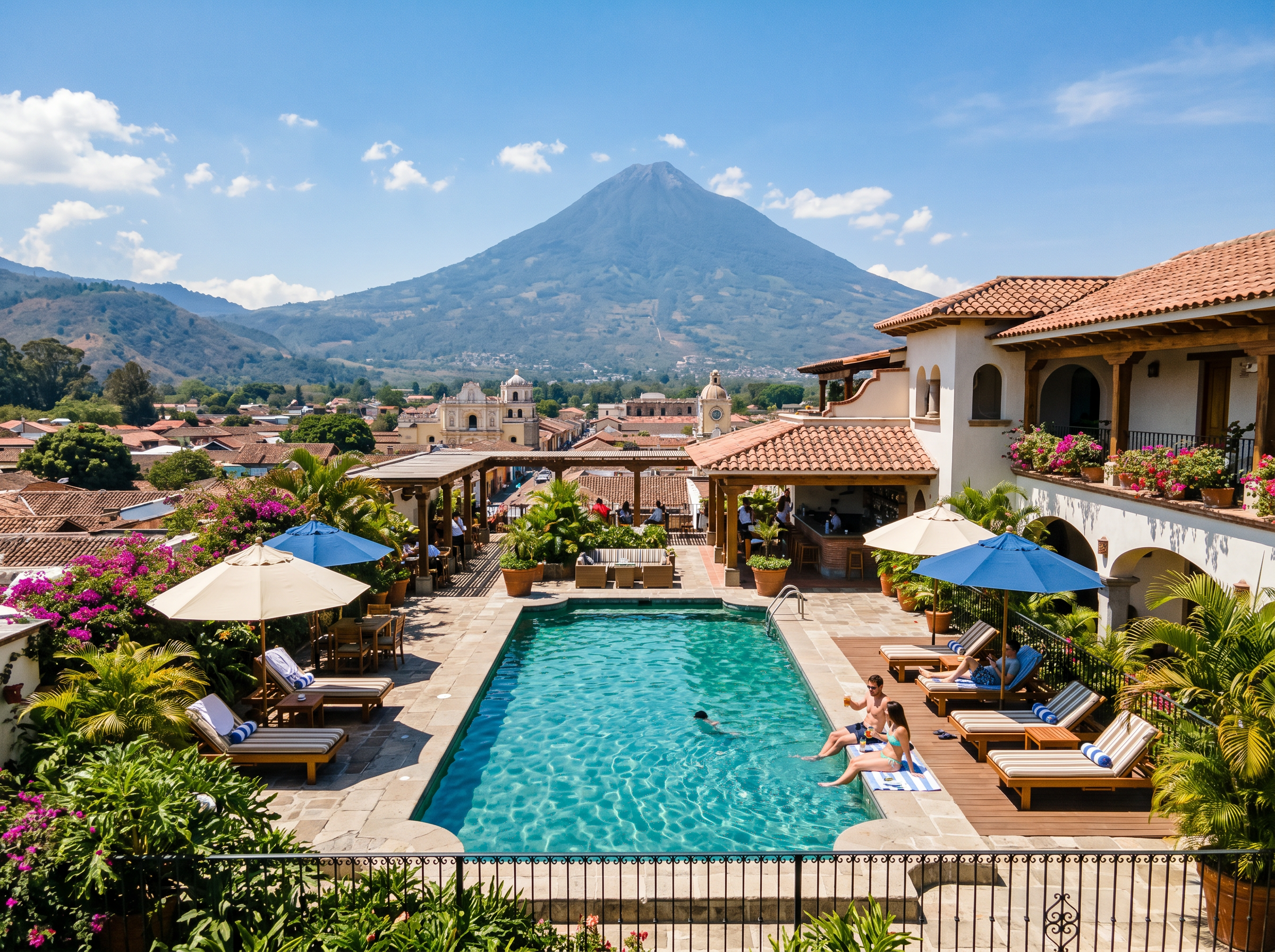 Camino Real Antigua rooftop pool with volcano view
