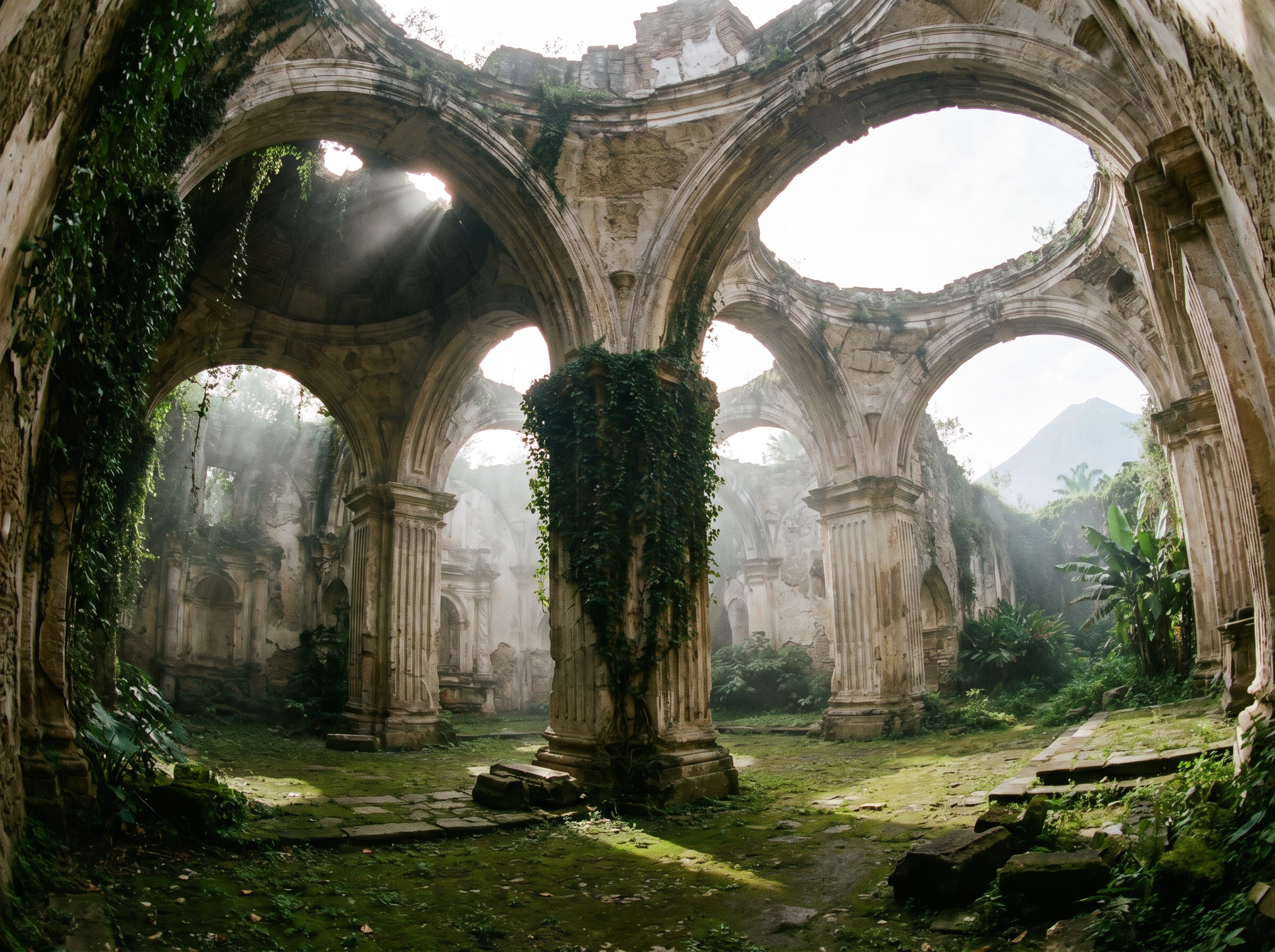 Baroque ruins with ivy-covered arches in Antigua