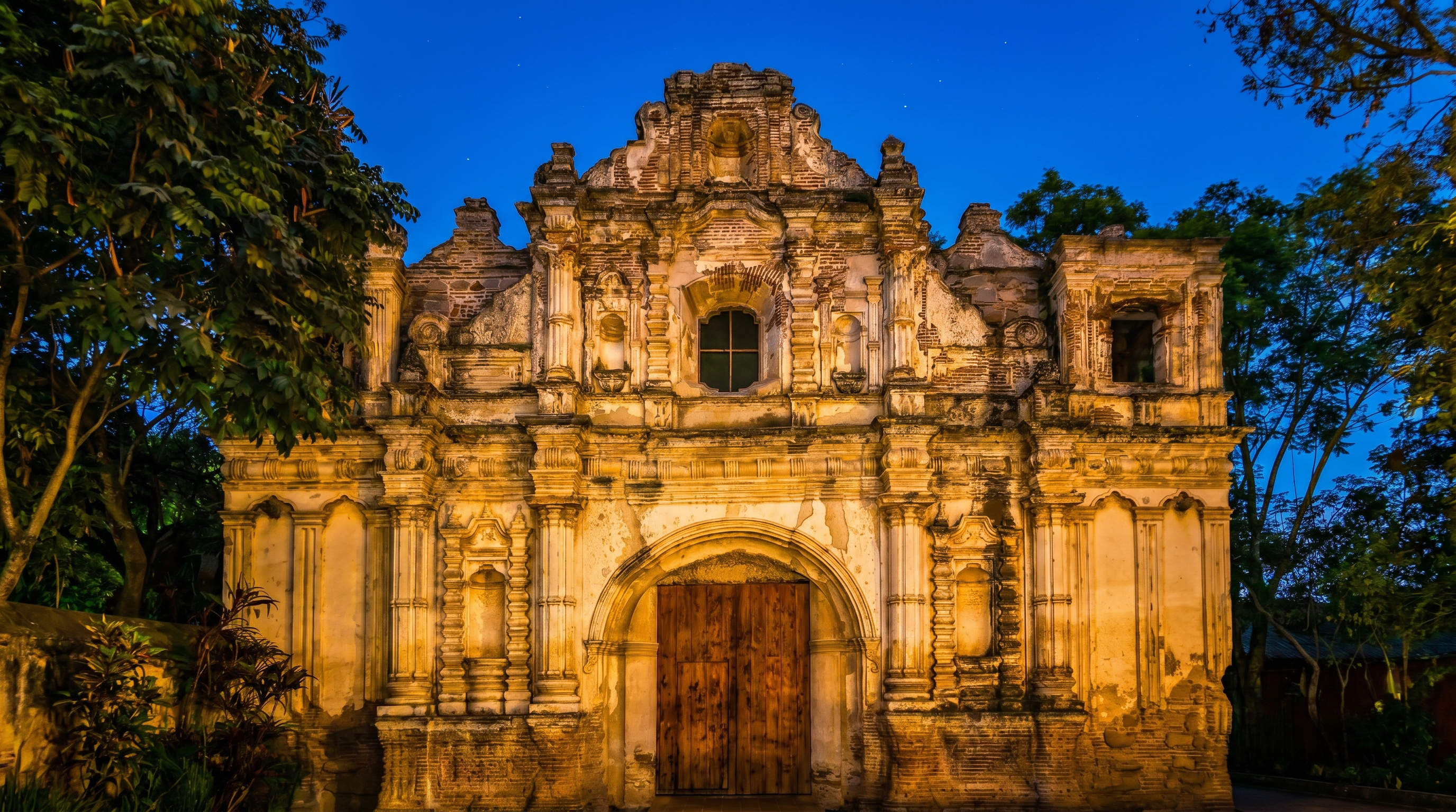 San José El Viejo ruins at golden hour with Agua volcano in the background